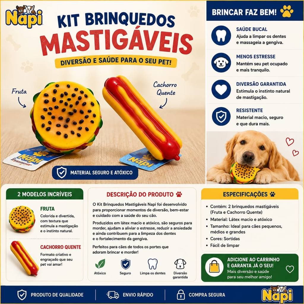 Kit Brinquedos para Cachorro Mordedor Mastigável hambúrguer + Cachorro Quente