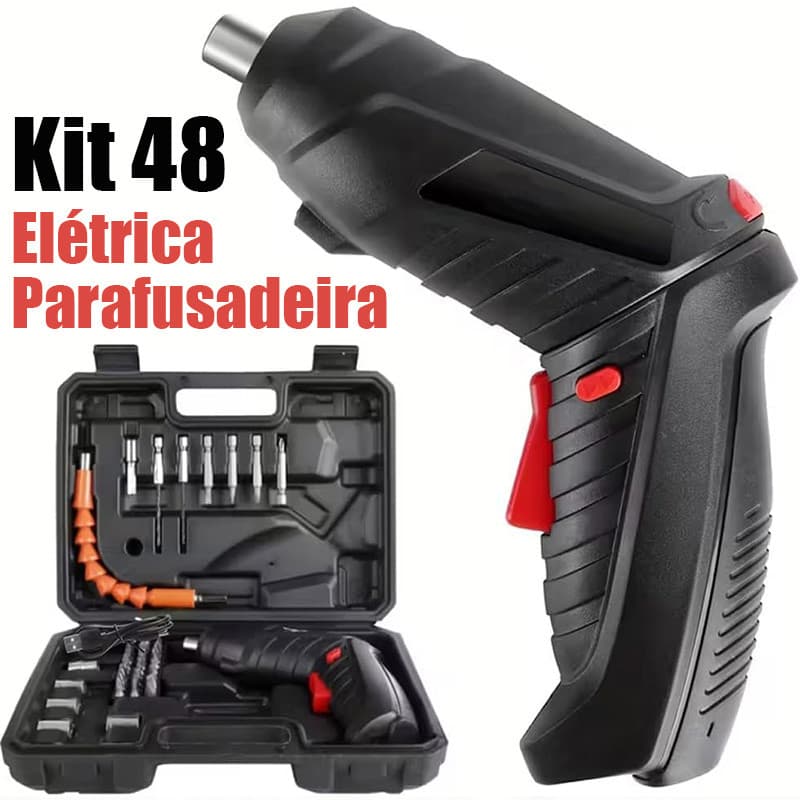 Parafusadeira Furadeira Sem Fio 48 Peças Kit À Bateria Carregador Usb Leve Portátil com Maleta