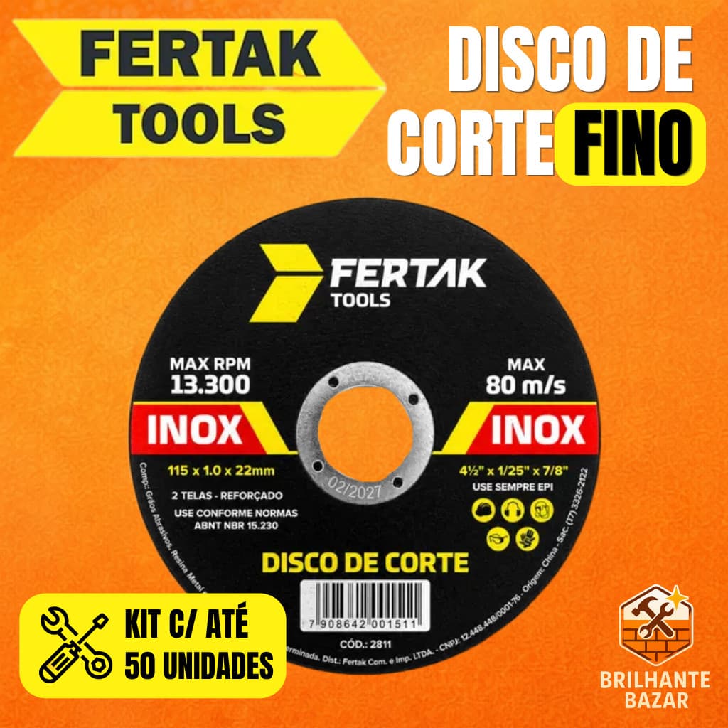 Kit 50 Disco De Corte Fino Para Ferro/Inox 4.1/2 X 1,2 Para Esmerilhadeira Fertak 2 Telas Reforçado