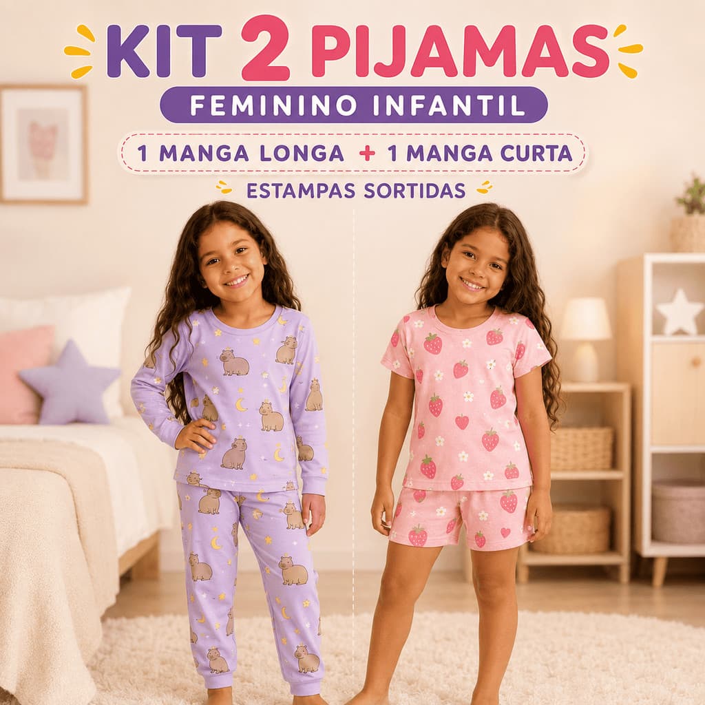 Kit 2 Pijamas Infantis Femininos Manga Longa e Curta Sortidos Menina Bebê Verão Inverno Calor Frio Roupa de Dormir