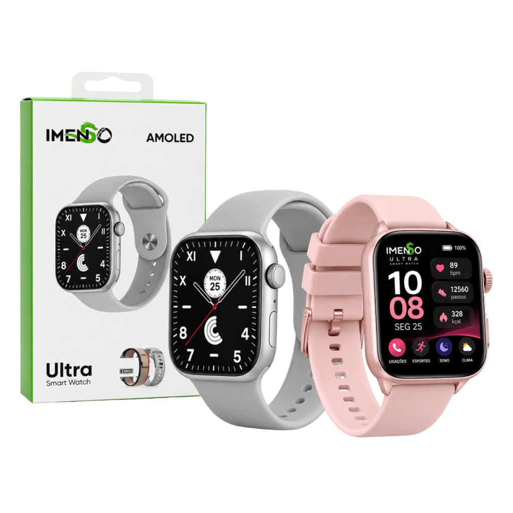 Smartwatch Relógio Inteligente AMOLED 2,04 Bluetooth 2 Pulseiras Fitness