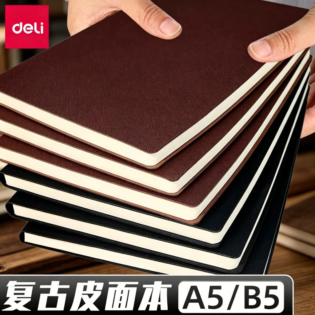 Deli a5 Notebook Business Leather Notebook Bloco de notas espessado Couro macio Couro retrô Arte simples Conferência Diá