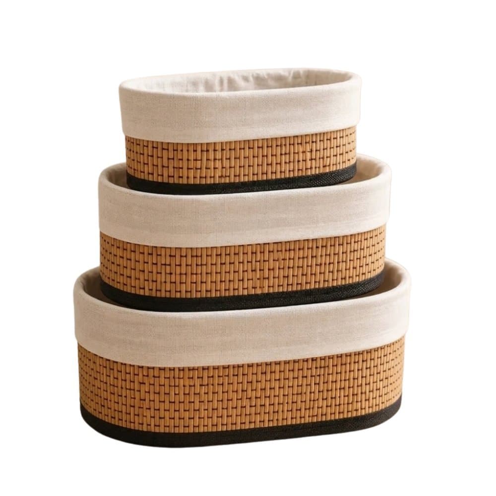 Kit 3 Cestos Organizadores em Bambu Casita Oval Multiuso para Banheiro Quarto Sala e Casa
