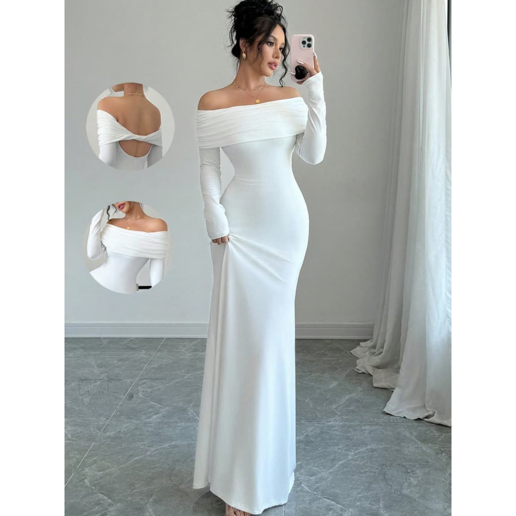 Vestido Longo Elegante Feminino de Primavera, Vestido Plissado com Ombros à Mostra e Cintura Marcada, Vestido de Festa