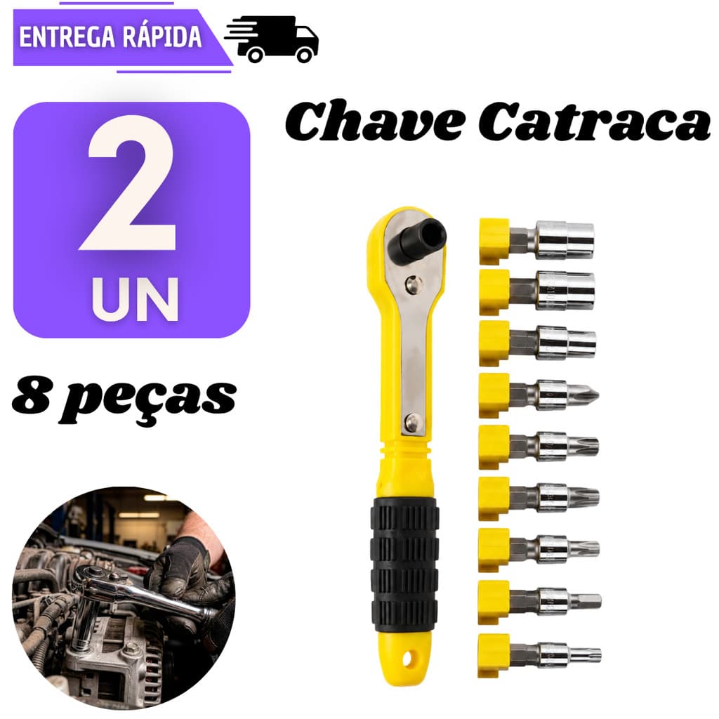 Jogo 2 Chave Catraca 19 Peças Com Soquetes E Bits Multiuso Sextavados Ferramentas Canhão Manutenção Chaves Roda