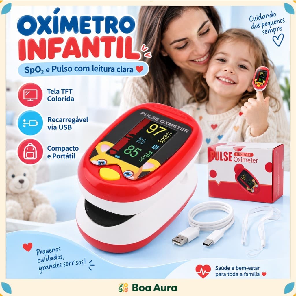 Oxímetro Infantil Pediátrico de Dedo Digital Recarregável TFT Medidor de SpO2 e Pulso Portátil