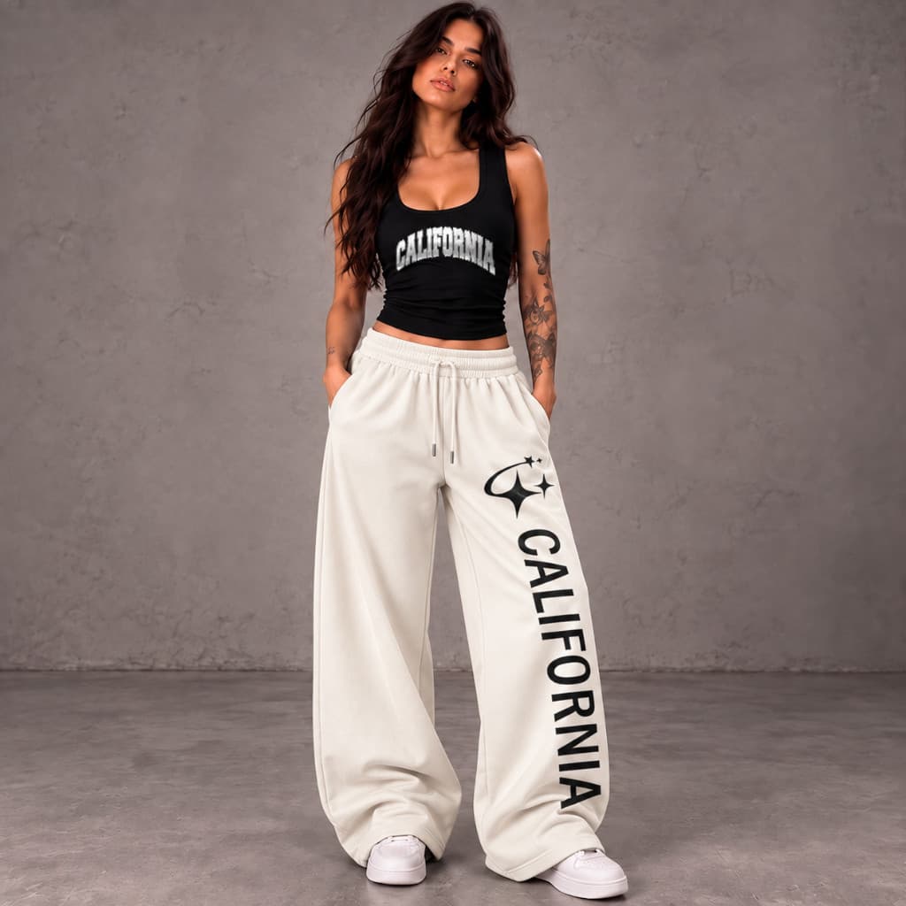 Kit Conjunto Feminino Streetwear Regata Suplex + Calça Wide Leg Moletom California Stars Y2k