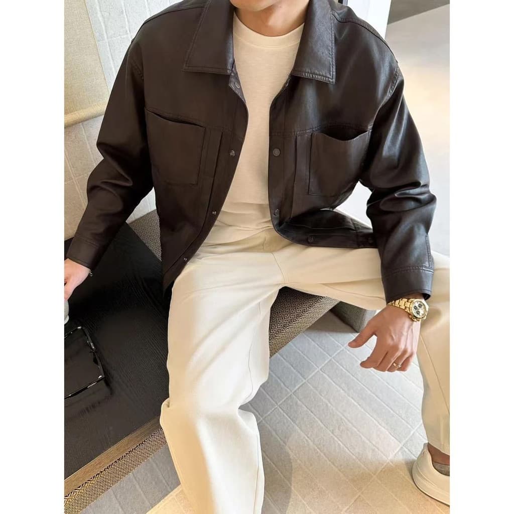 Jaqueta de couro retrô masculina lapela jaqueta curta outono novo estilo Casual Workwear jaqueta de couro juventude All-