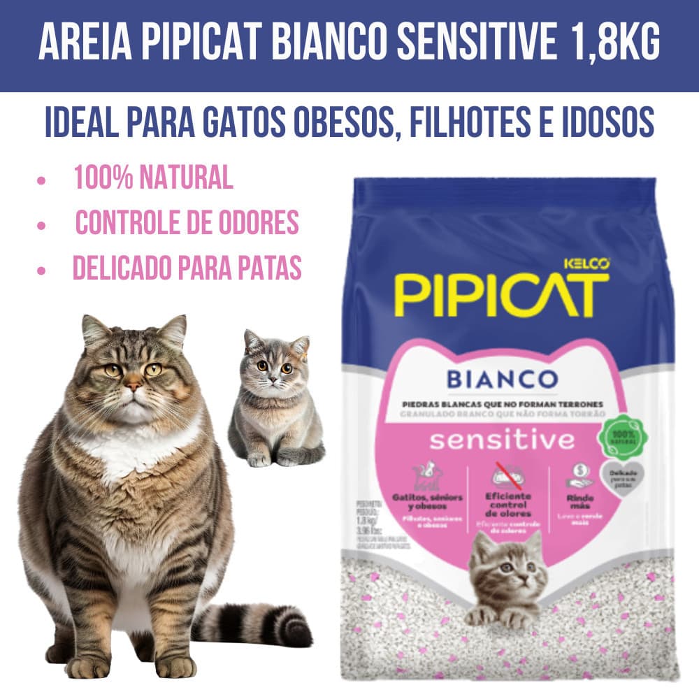 Areia Sanitária, Gato, Pipicat, Bianco, Sensitive, Pacote 1,8kg, Controle Odores, Granulado Natural