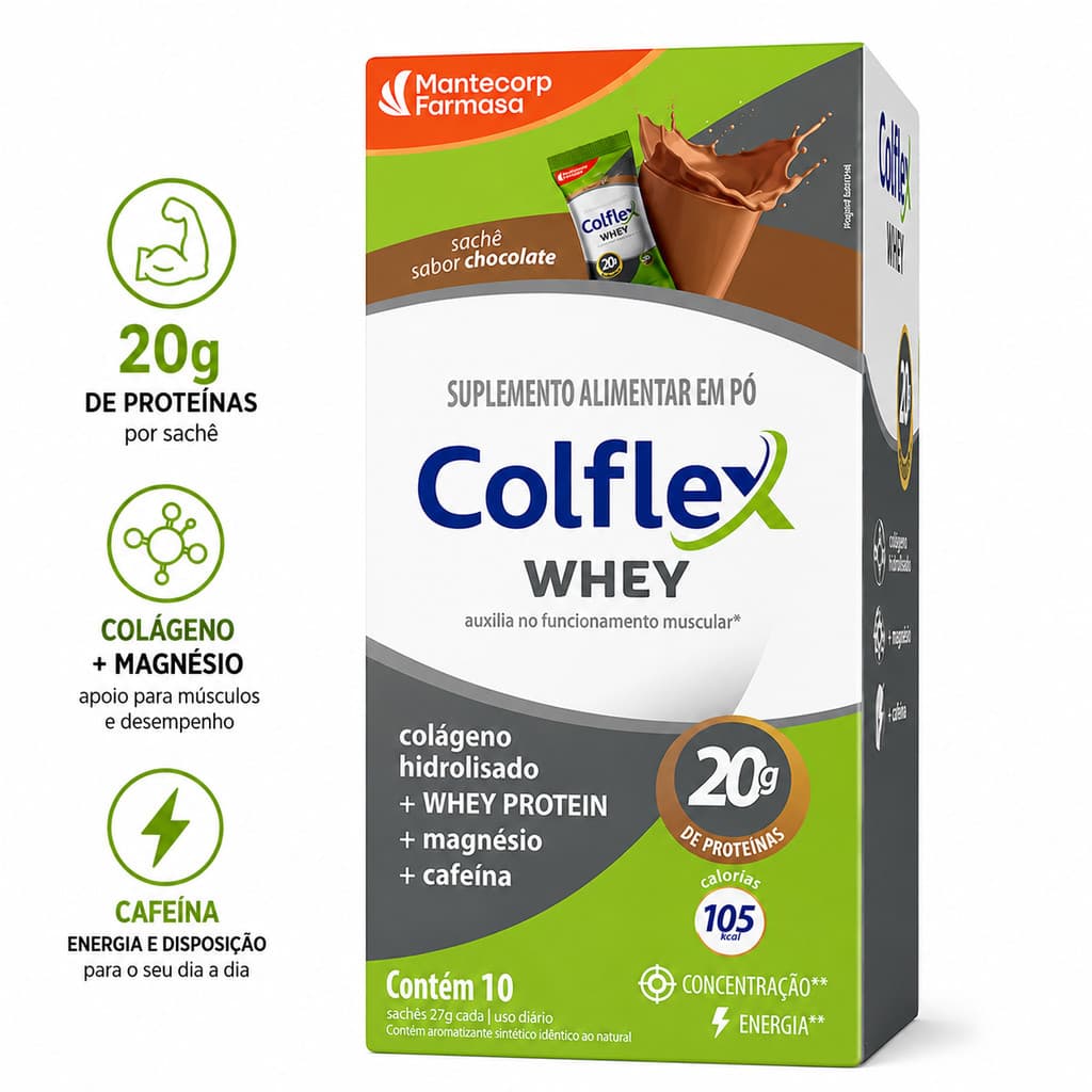 Colflex Whey Protein + Colágeno + Magnésio + Cafeína 10 Sachês Chocolate 20g Proteína
