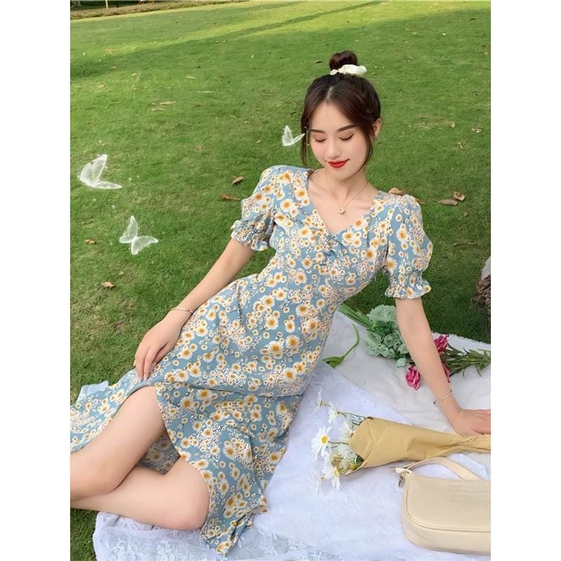 2026 novo estilo roupas femininas vestido Floral de manga curta vestido de verão feminino Super fada mais magro olhar qu