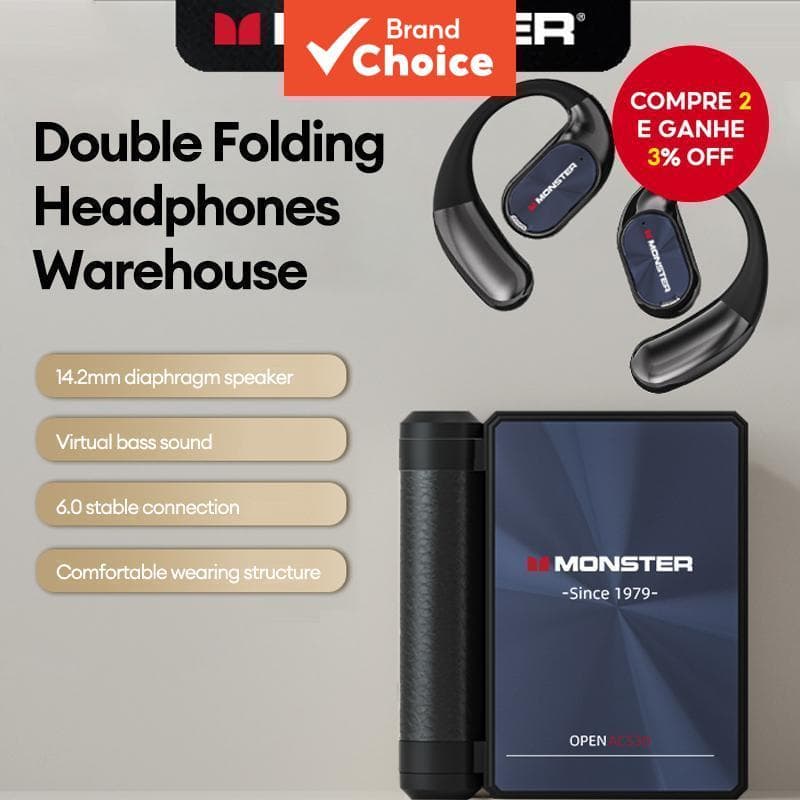 Fones de ouvido MONSTER AC530 com Bluetooth 6.0, design de condução óssea aberta, bateria de alta capacidade, com