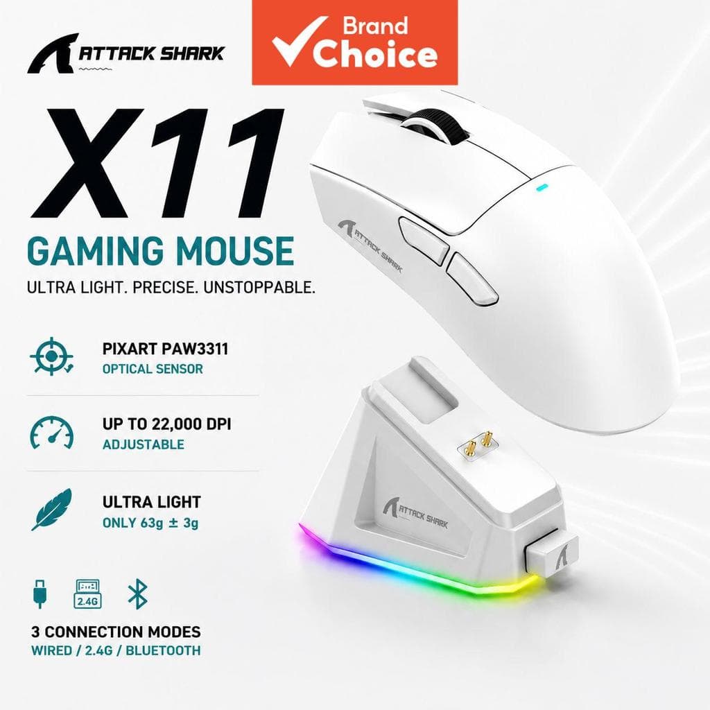 Mouse Gamer Sem Fio Attack Shark X11 Tri-Modo PAW3311 22000DPI RGB Recarregável