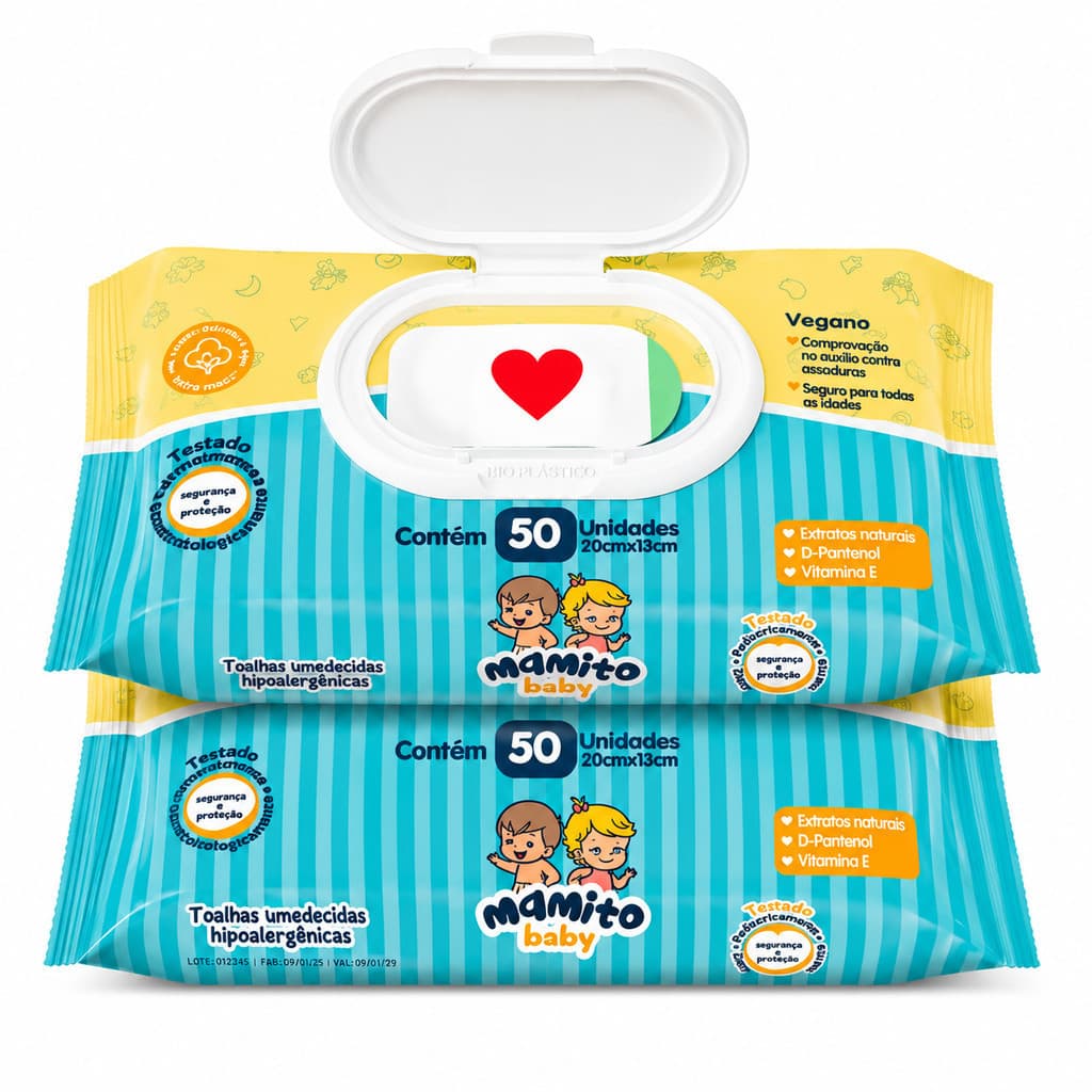Kit 2 Lenços Umedecidos Mamito Baby Premium 50 Folhas Tampa Flip Top Hipoalergênico Bebê