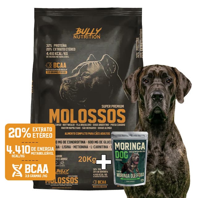 Ração Para Cachorro Dogue Alemão Molossos Super Premium 20Kg + Moringa Dog 60g