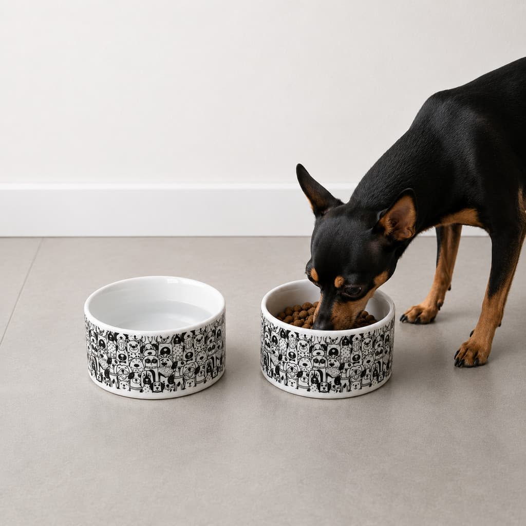 Kit tigelas pet de porcelana cachorro P&B comedouro e bebedouro pote água e ração para cachorro