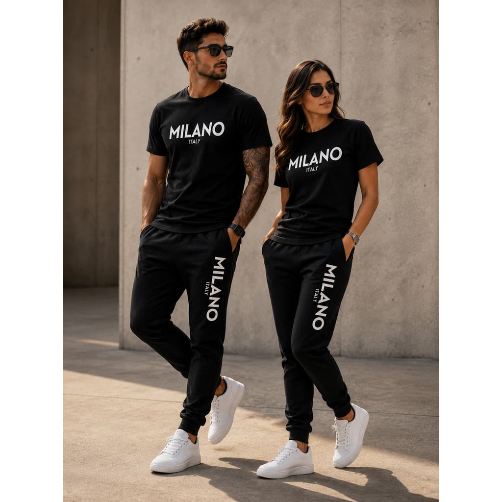 Kit Conjunto MILANO Itália Camiseta e Calça Moletom Moda casual Malha Algodão + calça Moletom Com bolso Linha Premium Ar