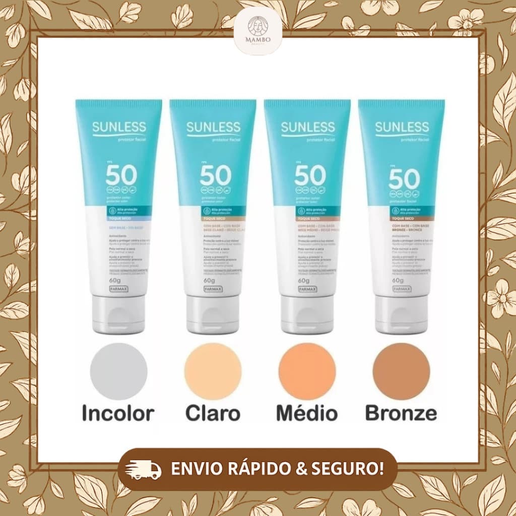 Protetor Solar Facial Sunless FPS50 Toque Seco (Incolor, Claro, Médio e Bronze) - 60g