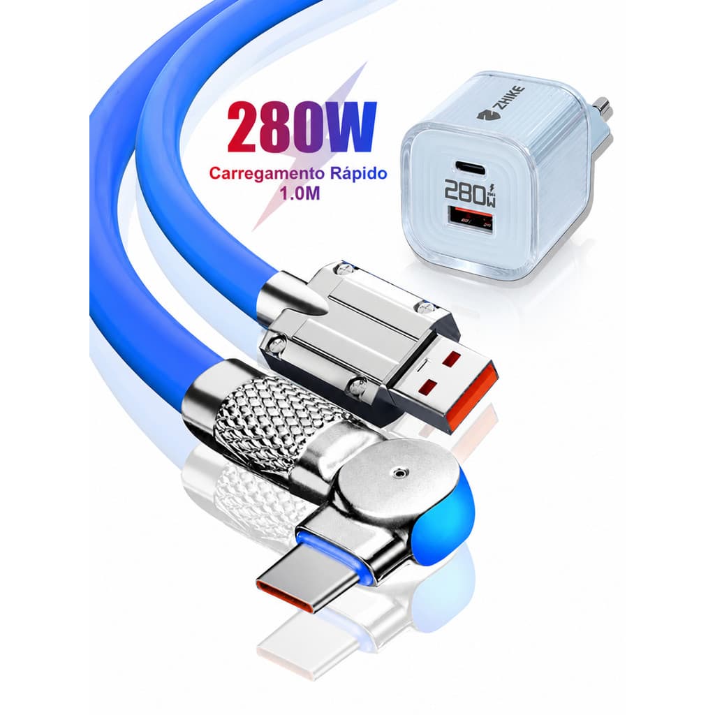 ZHIKE Original Kit Carregador 280W Carregamento Rápido GaN Cabo Celular Tablet USB Tipo C 1M Rotação de 180° Dados