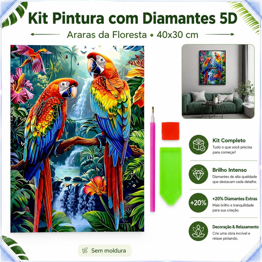 Kit Pintura Diamante 5D DIY Araras Coloridas da Selva 40x30cm Decoração Parede