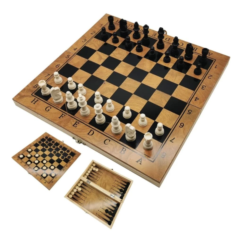 Xadrez Damas Gamão 3 em 1 Tabuleiro Madeira Estojo Luxo 24x24cm Portátil Jogo Família