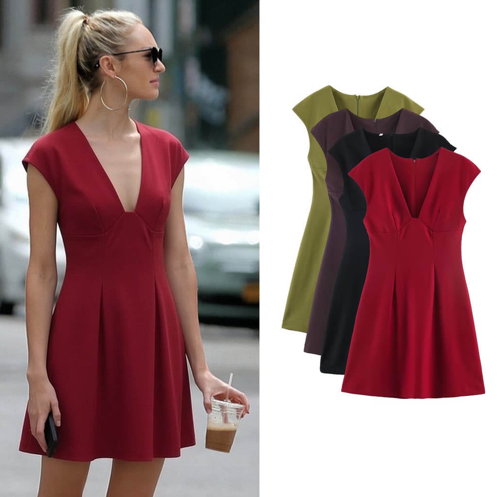Feminino Com Decote Em V Manga Curta Queimado Bainha Vestido Curto Simples Mini Vestidos Plissados 202609L L