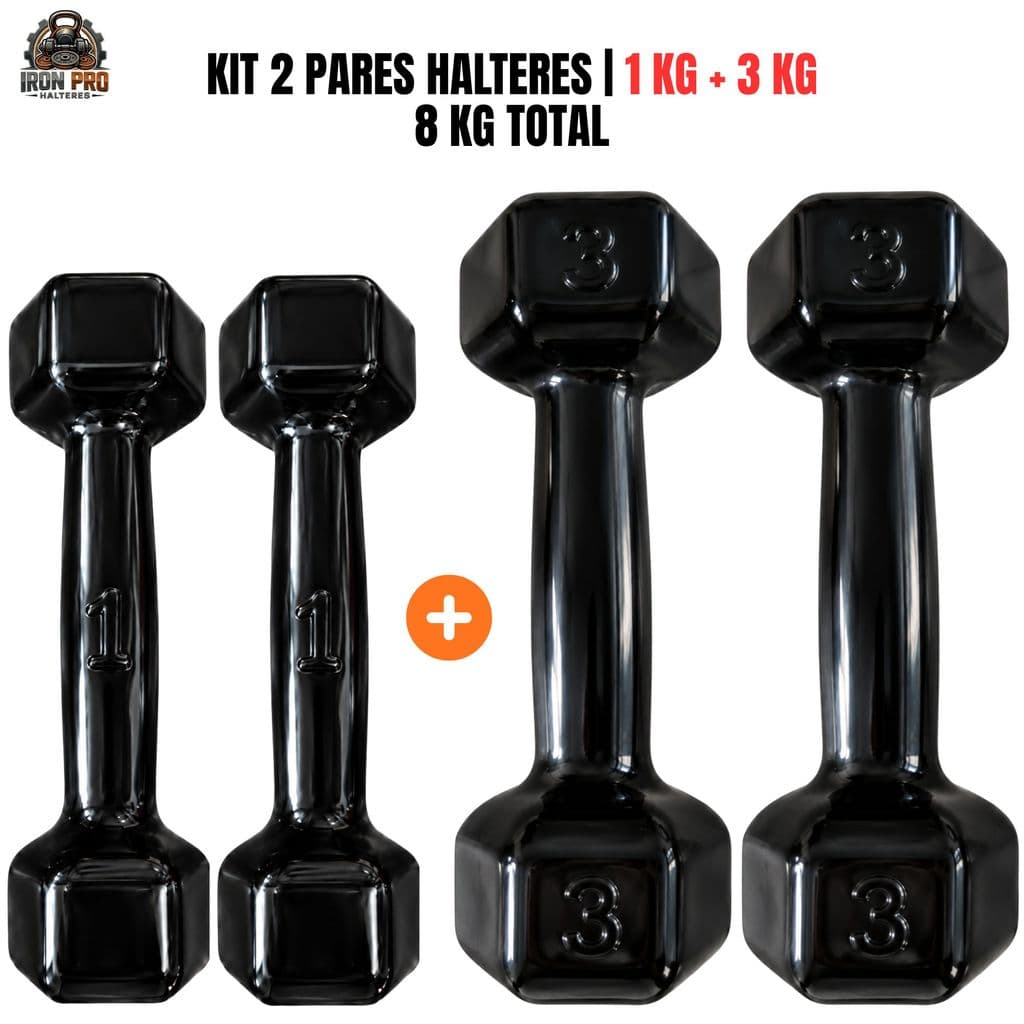 Kit Par Halter Sextavado Emborrachado 1kg + 3kg 8kg Total CrossFit Fisioterapia Musculação Academia Treino Funcional