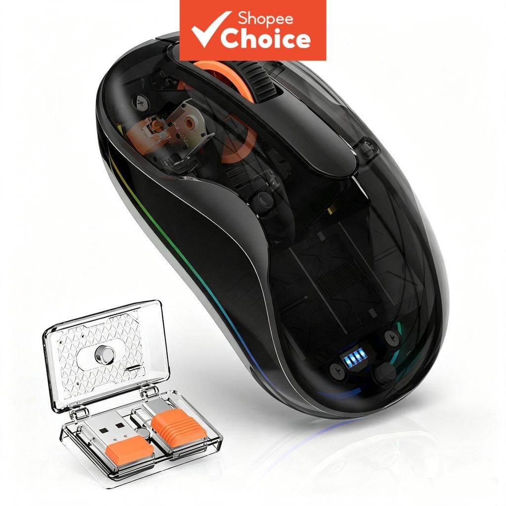 JOMAA Mouse sem fio transparente Bluetooth + USB-A + Mouse recarregável USB-C, cliques silenciosos sem fio, 4 cores RGB,