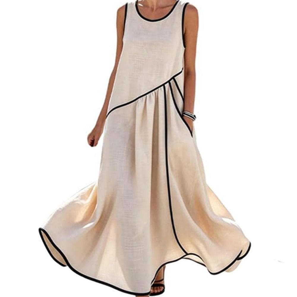 Vestido Midi , Decote Em V Com Bolsos Vestidos Listrados Femininos , Sem Manga Formais De Damasco