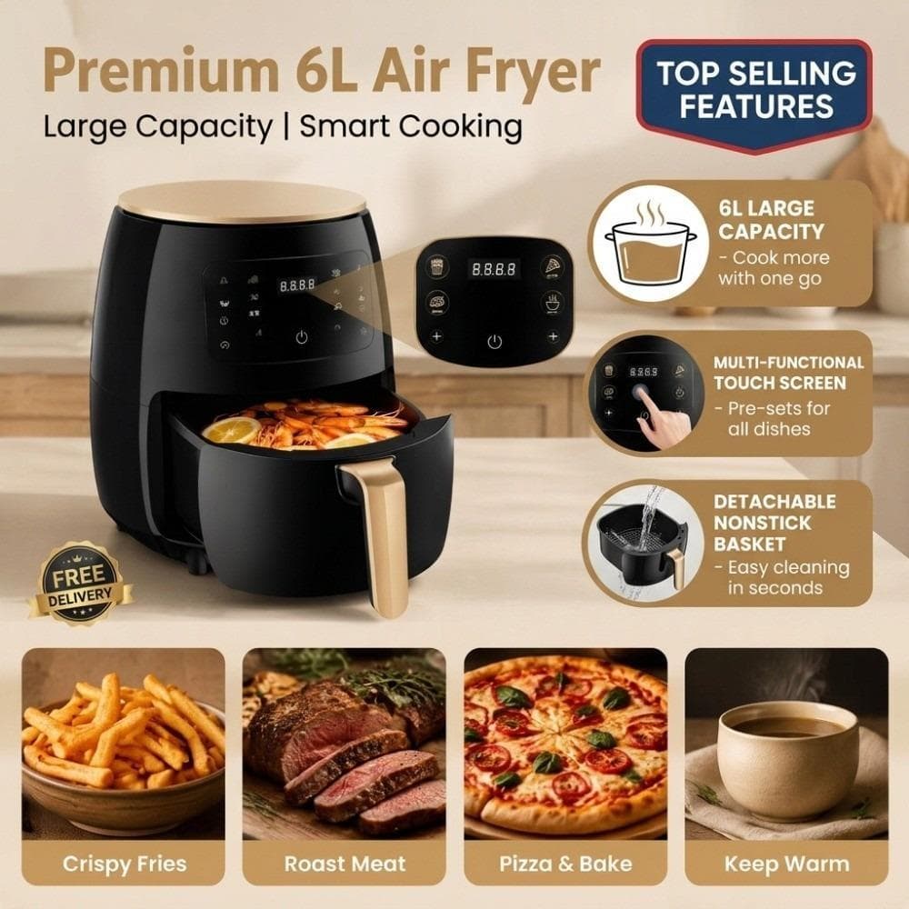 Fritadeira De Ar INTREE , Elétrica Multifuncional 6L , Digital Antiaderente Com Temperatura Ajustável