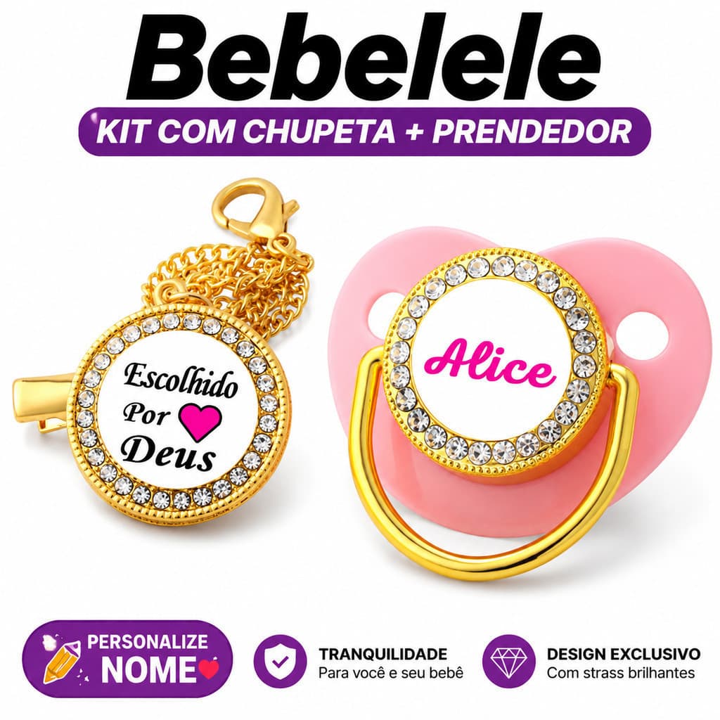 Kit Chupeta Rosa Plana Personalizada com Nome e Foto 🎀 Bebê Menina - Modelo Cabeça Plana ou Redonda c/ Corrente + Prend