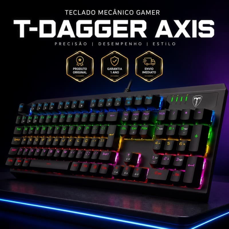 Teclado Mecânico Gamer T-Dagger Axis Preto Rainbow Switch Marrom ABNT2 Full Size USB T-TGK329-BR