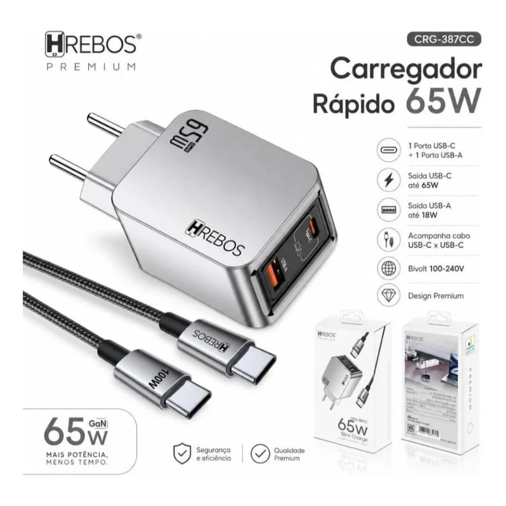 Carregador Rápido 65w com Cabo USB-C Tablet Compatível Android e iOS, Notebook