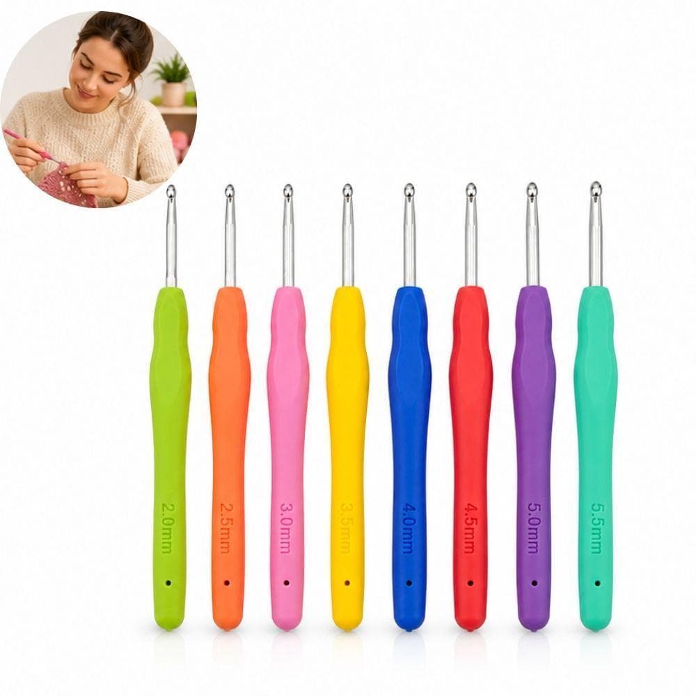 Kit Crochê Com 8 Agulhas De Alumínio Cabo Emborrachado Ergonômico Para Barbante Artesanato Coloridas