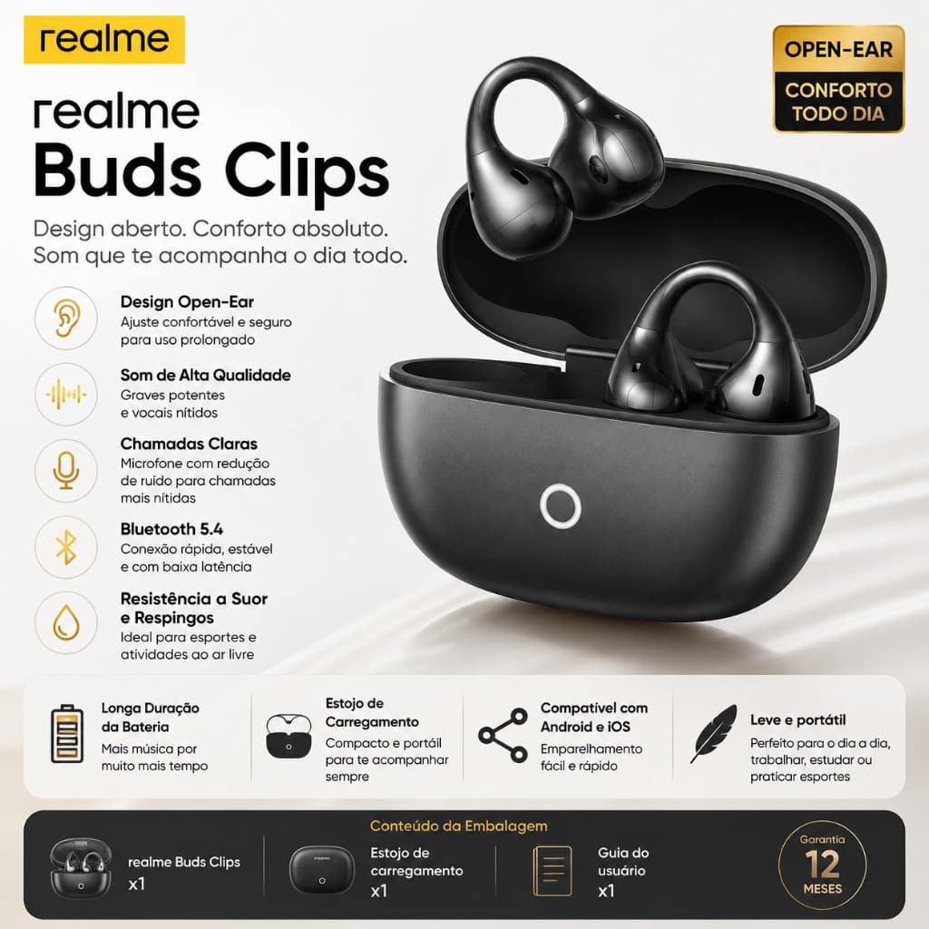 Fone Bluetooth realme Buds Clips Open-Ear Bluetooth 5.4 Sem Fio Chamadas HD Compatível Android e iOS