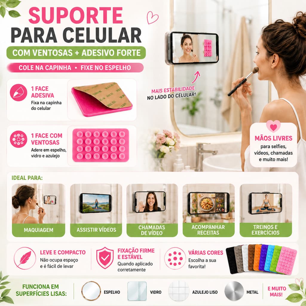 Suporte Ventosa para Celular com Adesivo Forte – Cola na Capinha e Fixa em Espelho, Vidro e Azulejo