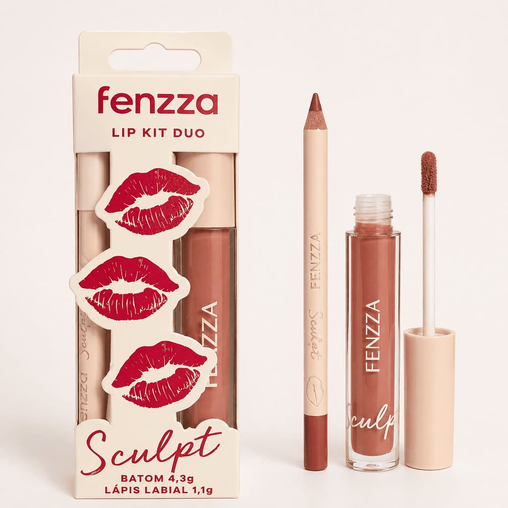 Lip Combo Kit Duo Sculpt Fenzza Batom Líquido Matte + Lápis Labial Longa Duração Alta pigmentação