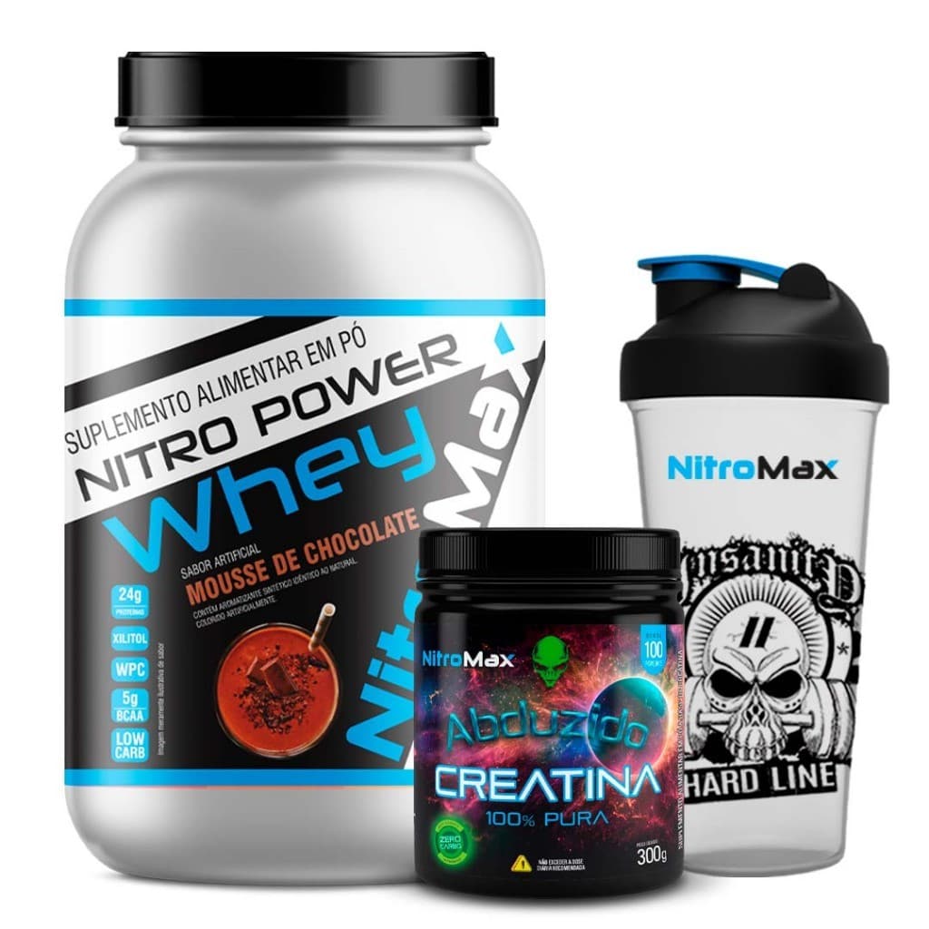 Kit 100% Whey Protein Mousse de Chocolate + Creatina 100% Pura 300g + Coqueteleira