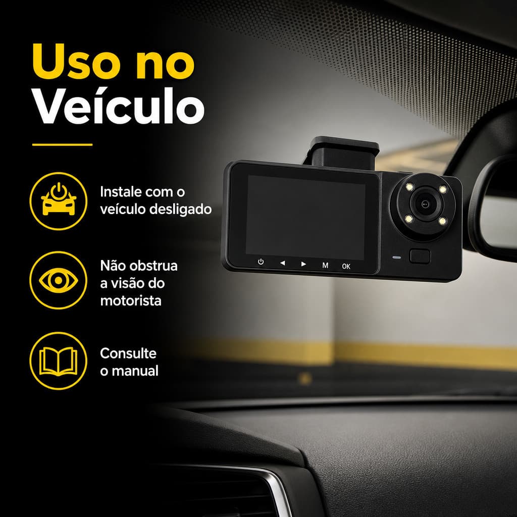 Camera Veicular De Carro Dash Cam Frontal 1080p Interna E Traseira 3 Visoes