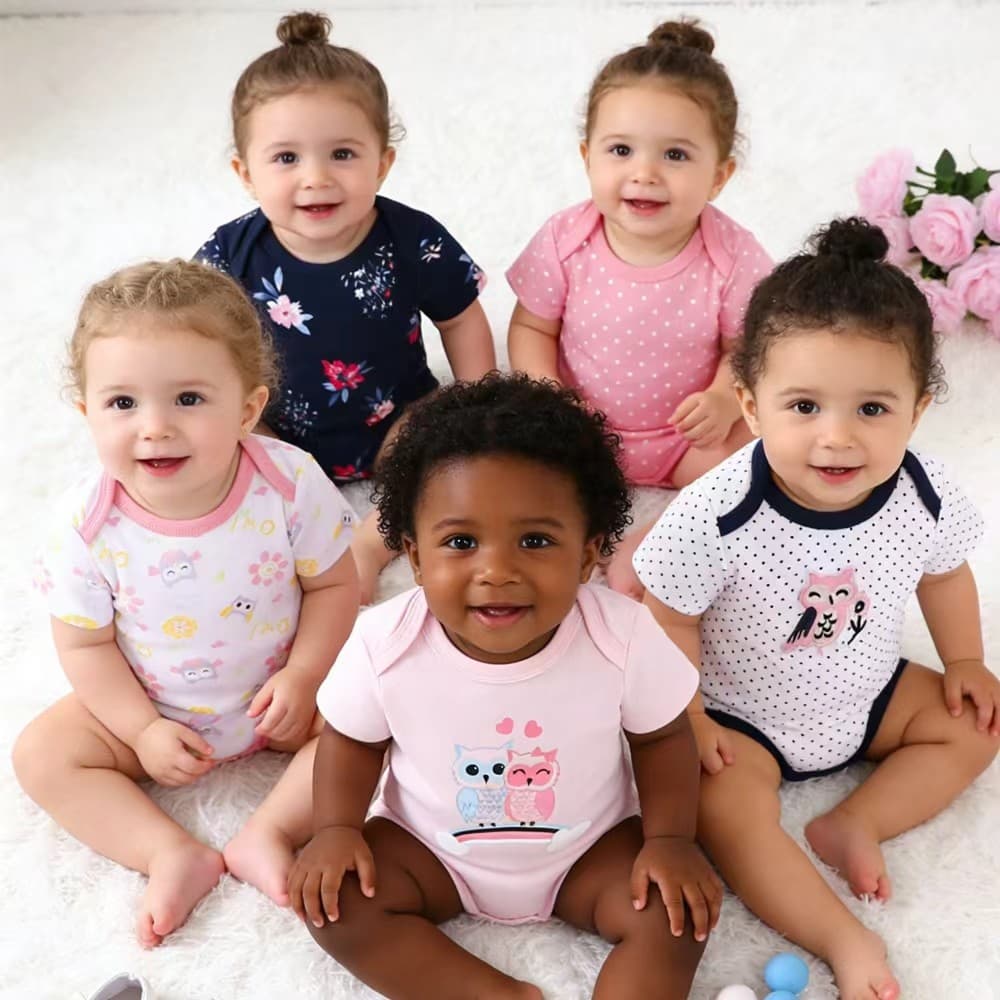 Bebê bebê de manga curta roupas de bebê conjunto de 5 peças algodão puro, coruja flor rosa impresso terno da menina do b