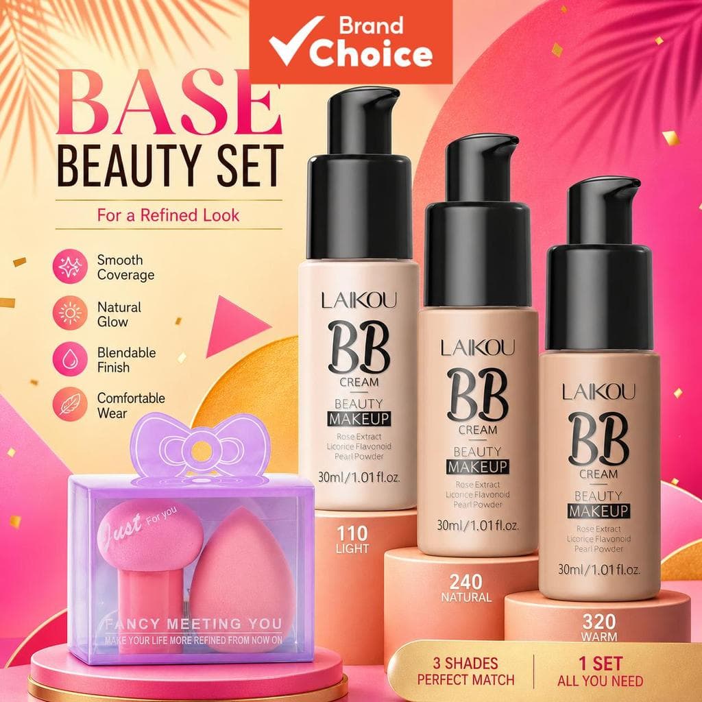 LAIKOU BB Cream Base 4 peças conjunto esponja de pó de cogumelo rosa base líquida cobertura hidratação brilho escolha