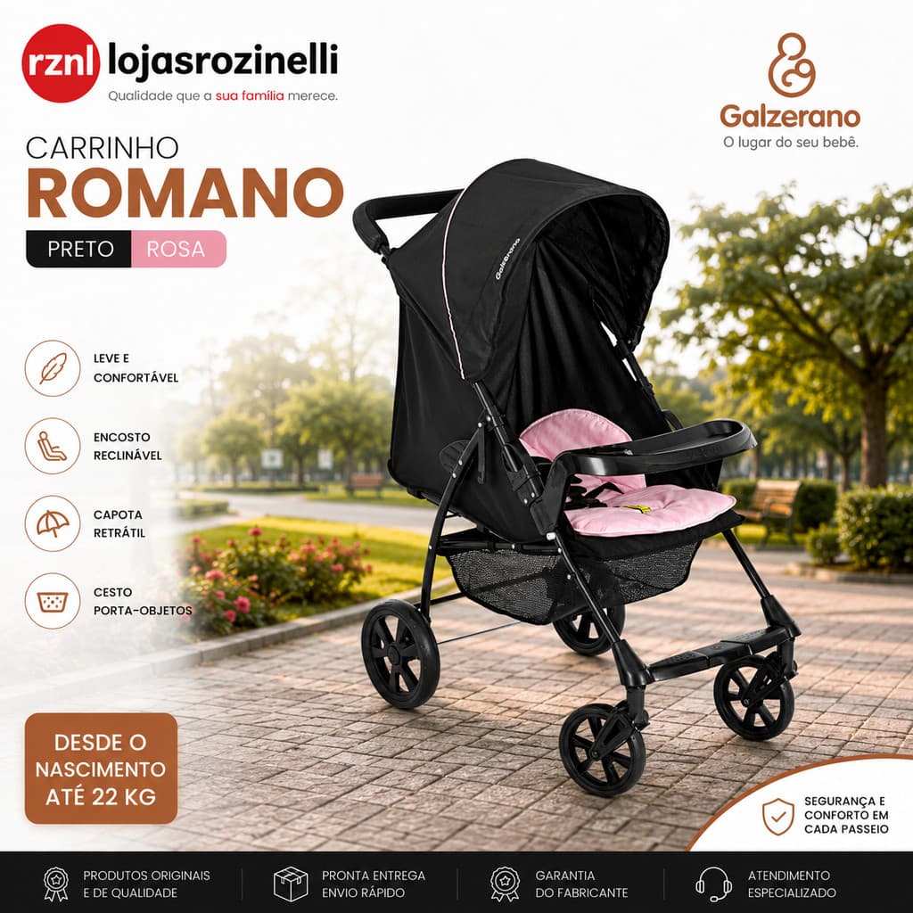 Carrinho de Bebê Galzerano Romano Conforto e Praticidade Até 22 kg Preto Rosa