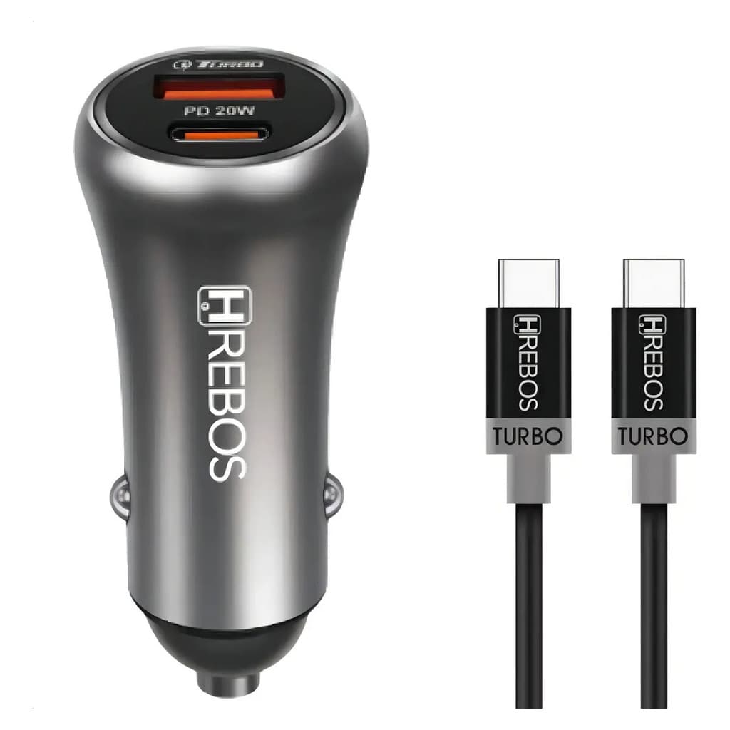 Carregador Veicular Turbo Hrebos 38w Usb Usb-c Com Cabo Tipo C Cinza