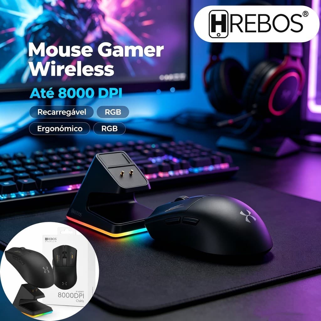 Mouse Gamer Sem Fio Hrebos Osíris IF-603R 8000 DPI Bluetooth 2.4G Recarregável RGB com Base de Carregamento