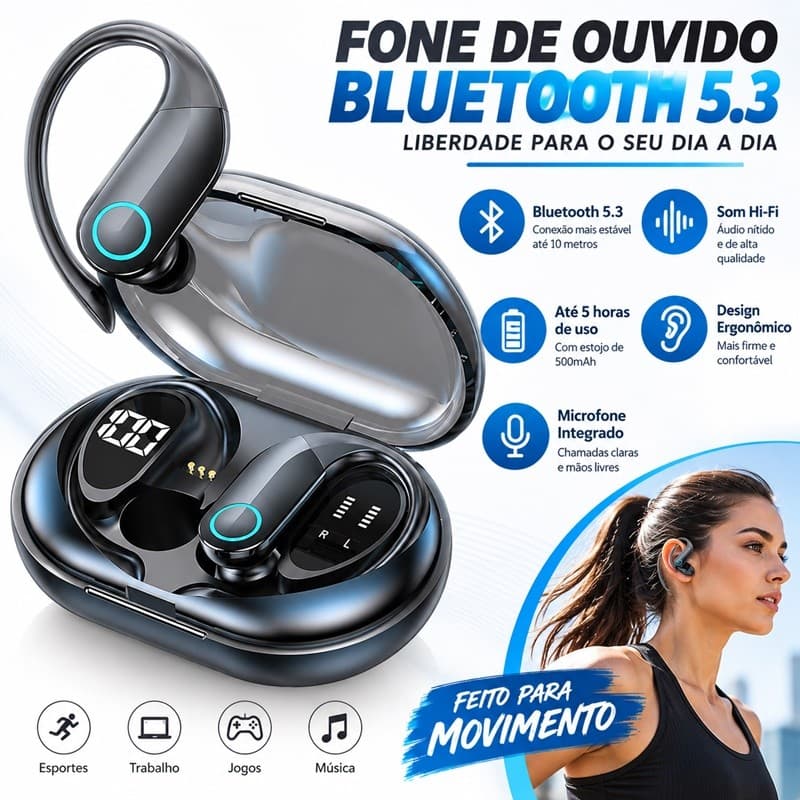 Fone Bluetooth 5.4 TWS Esportivo com Display LED - Som de Alta Fidelidade, Baixo Profundo e Cancelamento Voltik