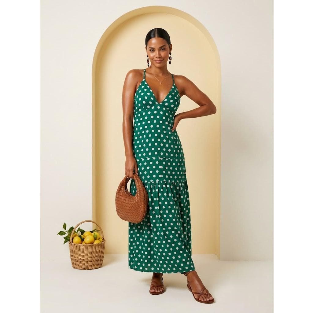 Vestido Feminino Longo Poá Frente Única de Alcinha Viscolinho Vestido Verão
