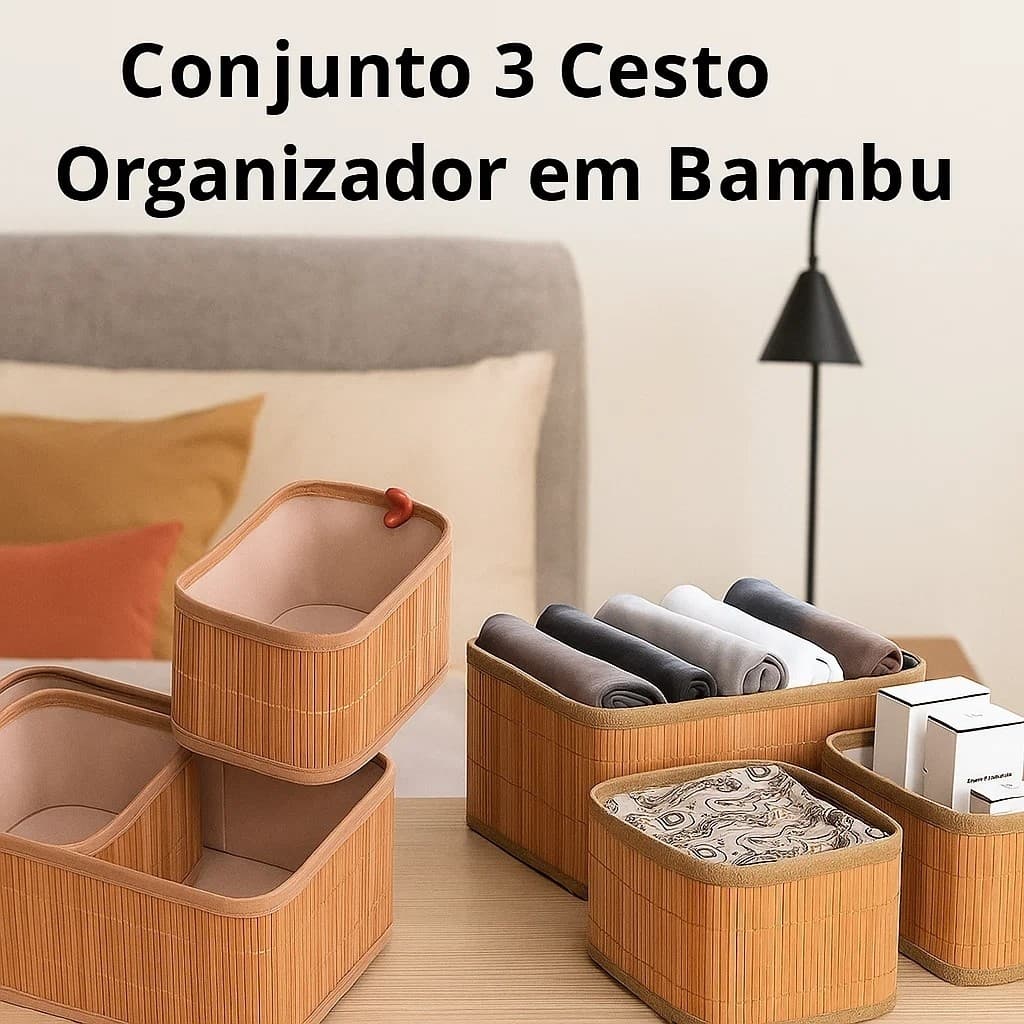 Kit 3 Cestos Bambu Organizador Multiuso TOP RIO Caixa Cesta Organizadora Quarto Cozinha Banheiro Cluset