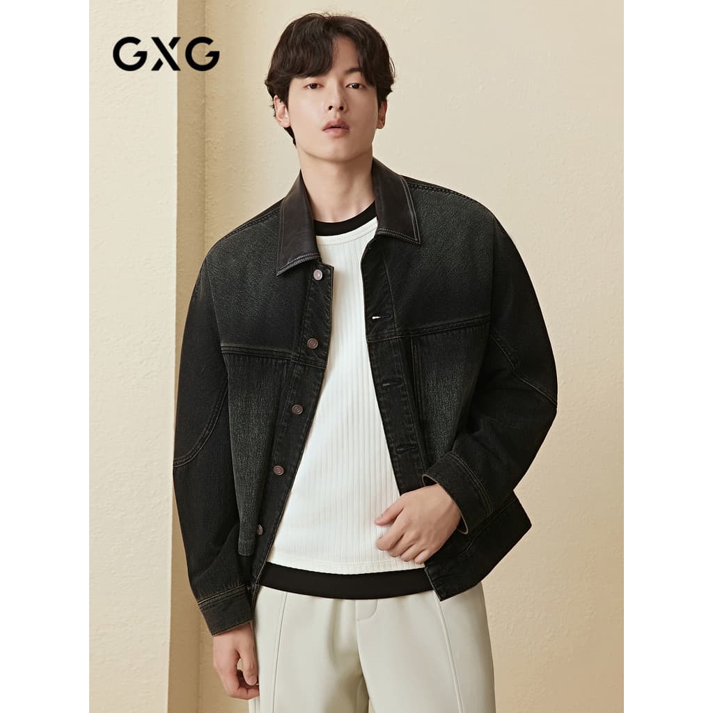 GXG Masculino Bane Estilo Decote Costura PU Lavado Jaqueta Jeans Masculina Solta Jaqueta Retro 25 Outono