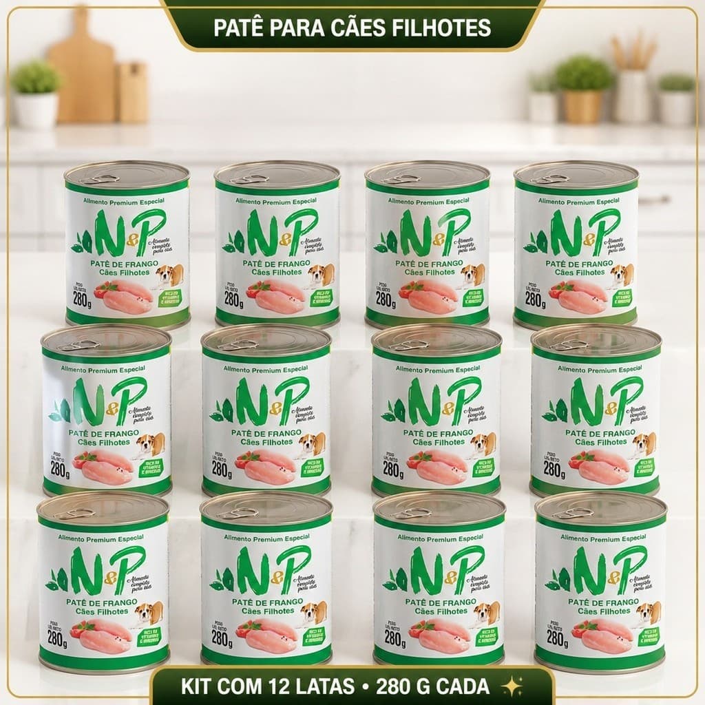 🐶 Kit 12 Latas Patê N&P Frango Ração Molhada Cães Cachorro Filhotes Alimento Completo 280g 3,36kg 🐾
