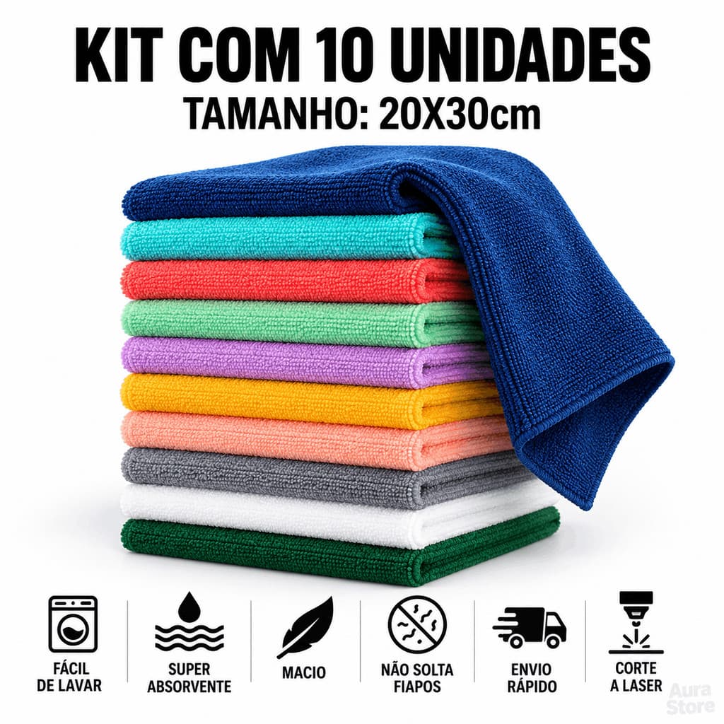Kit 10 Panos de Microfibra 20x30cm para Limpeza Geral casa carro moto empresa